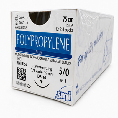 Fir sutura polipropilenă blue 75 cm 5/0 DS16 cutie 12 fire SMI